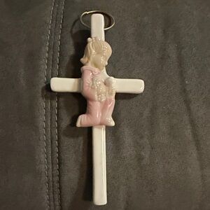 Porcelain White Cross Wall Hanging with Pink Praying Child